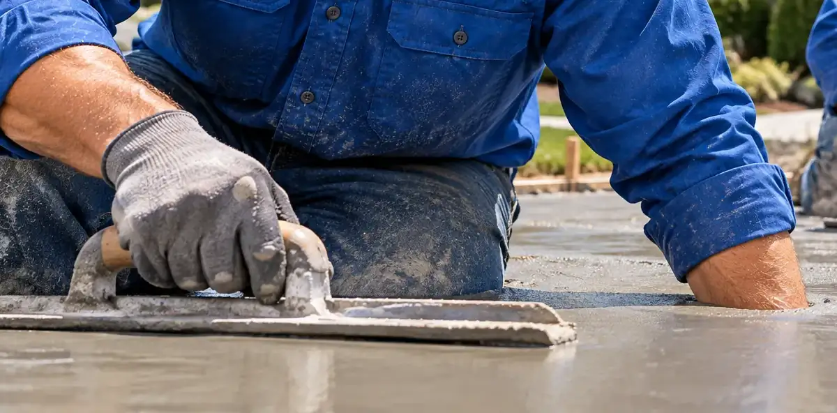 Gloved hand floating a fresh concrete slab