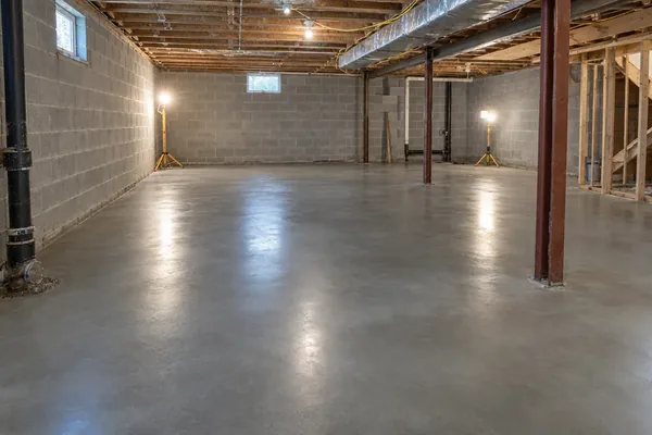 New concrete floor in an unfinished basement