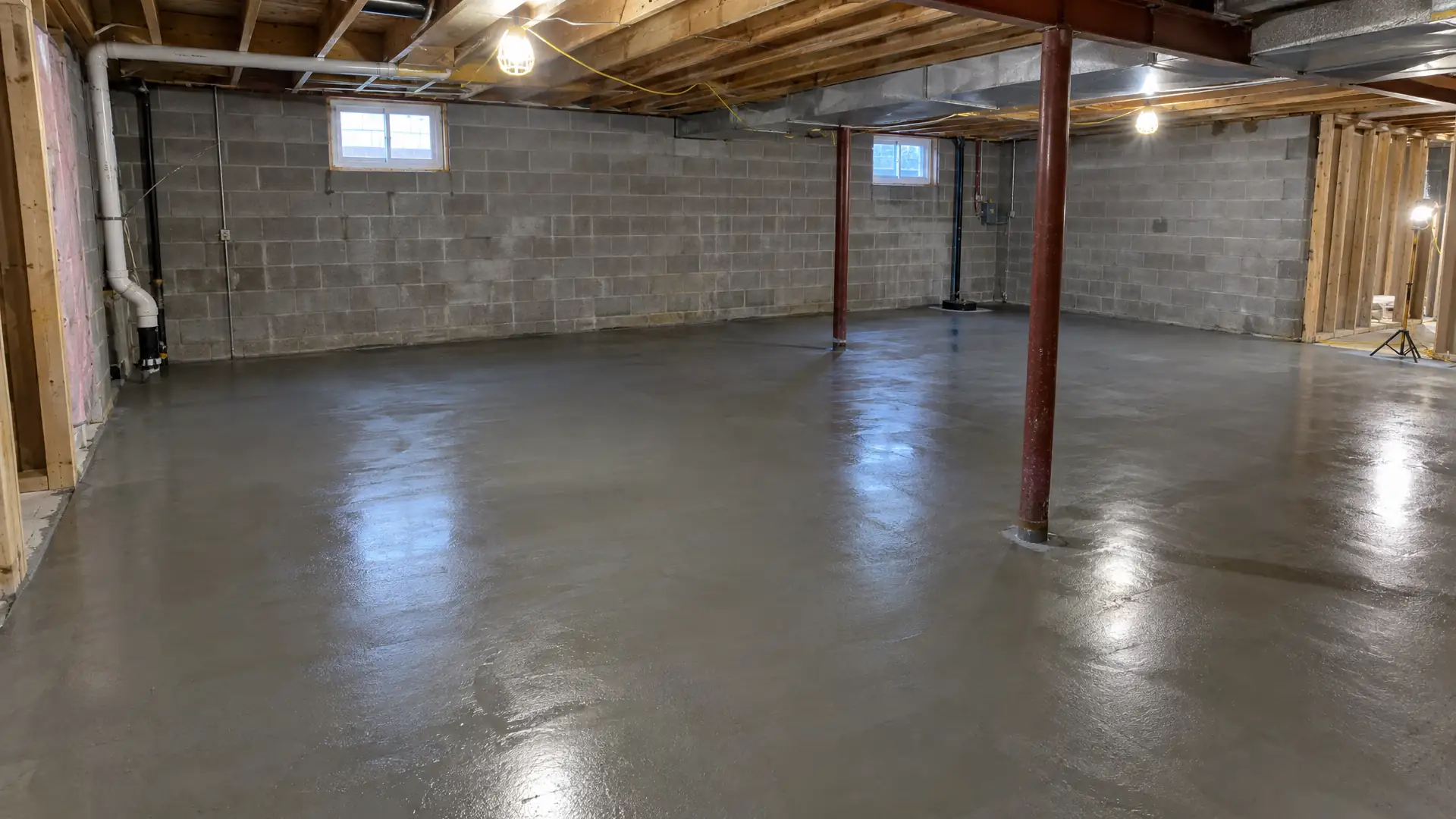 Finished concrete basement floor under exposed joists and steel posts