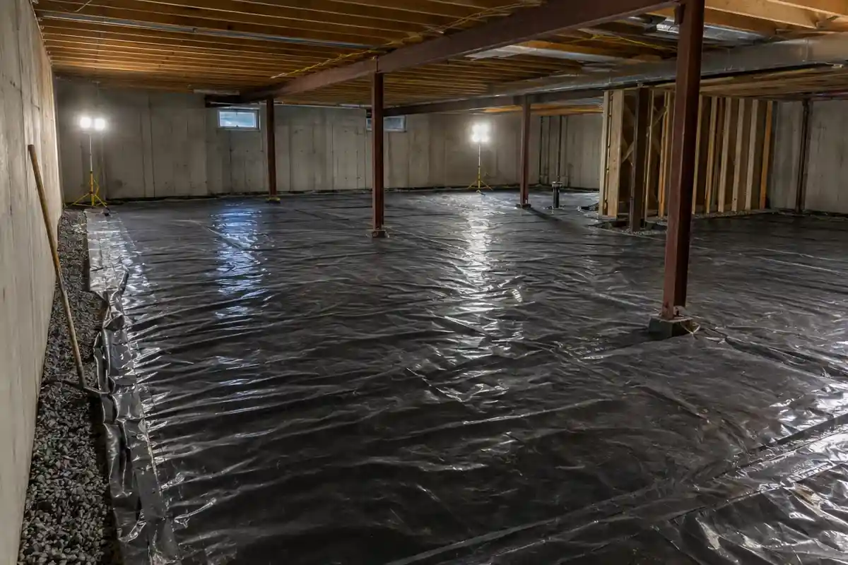 Vapor barrier sheeting over gravel before a basement slab pour