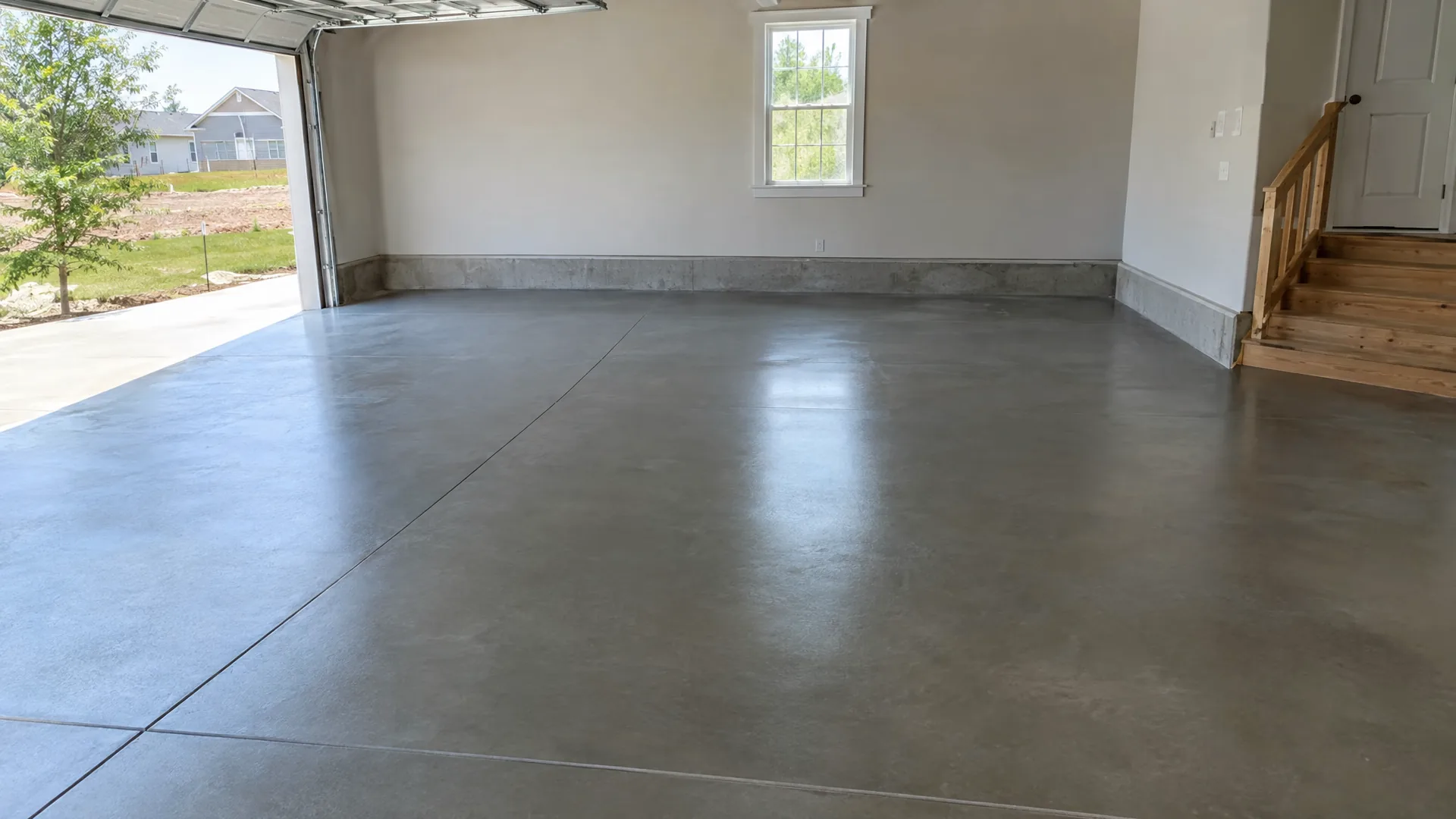 Finished concrete garage floor with the garage door open