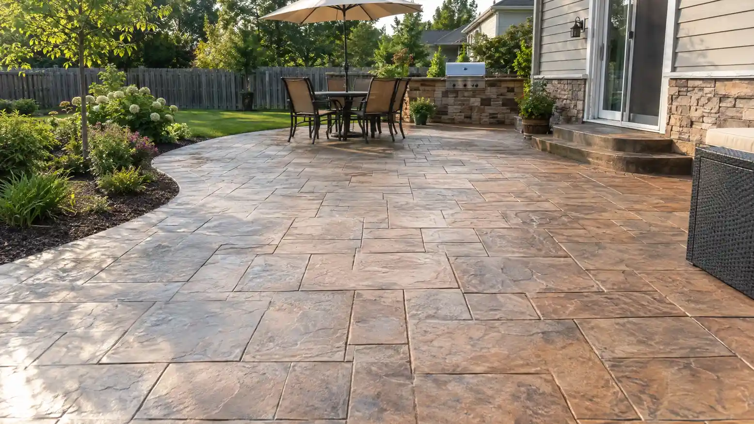 Stamped concrete patio with a table and umbrella behind a house