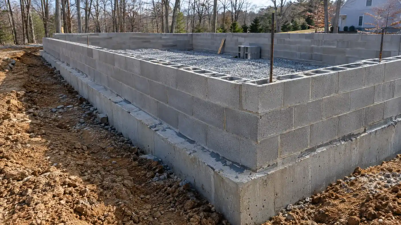 Concrete block foundation walls on a cleared wooded lot