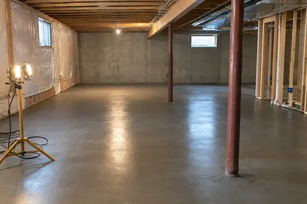 Finished concrete basement floor under exposed joists