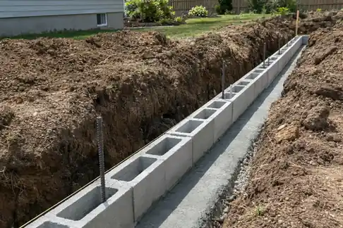 Concrete block footer course in a long trench