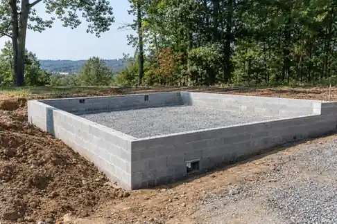 New concrete block foundation on a gravel base at a wooded lot