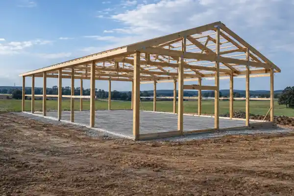 Pole barn frame on a cleared site before the floor is poured