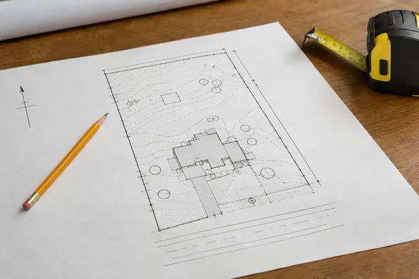 Site plan drawing with a pencil and tape measure