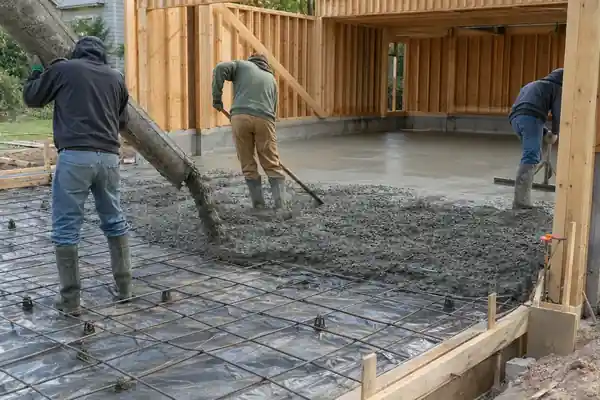 Crew placing concrete over reinforcement in a new garage frame
