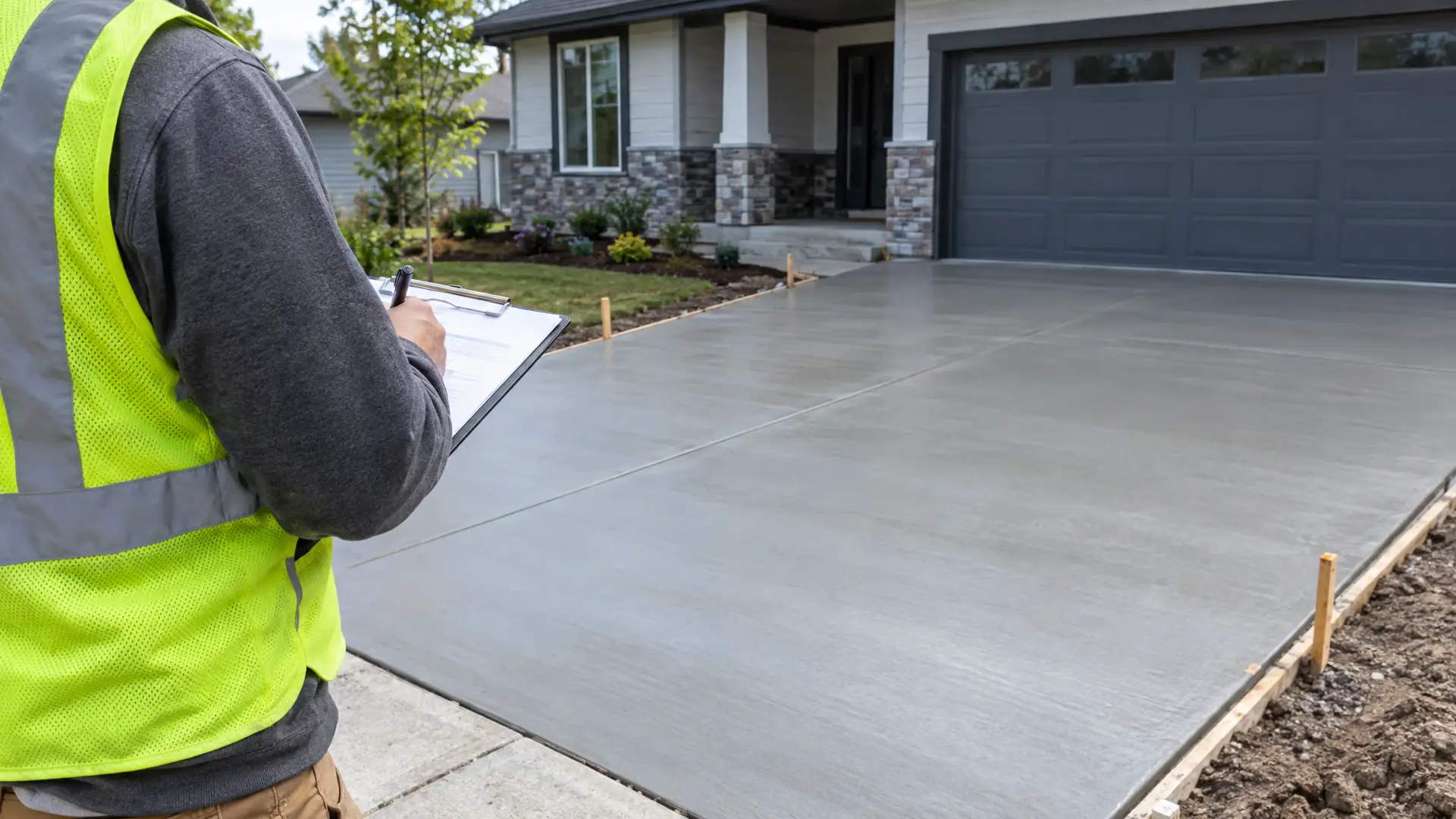Contractor in a safety vest with a clipboard beside a new concrete driveway