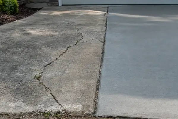 Cracked old concrete slab beside a new smooth one