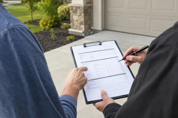Two people reviewing a quote on a clipboard beside a driveway