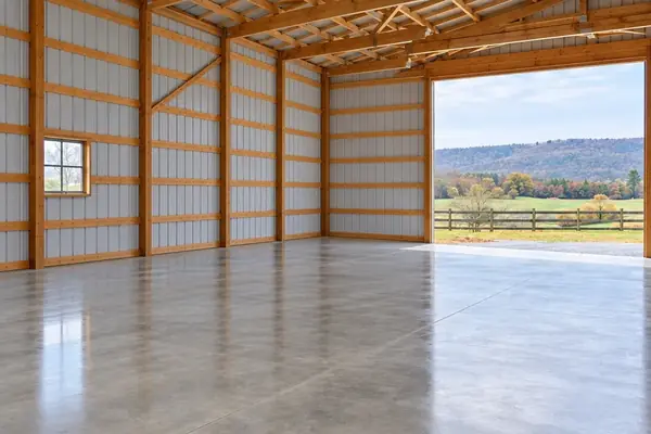 Bright concrete floor inside a pole barn with a view of fields