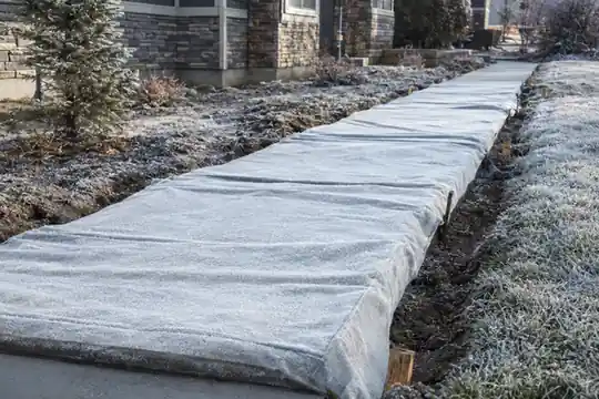 Curing blankets over a fresh concrete sidewalk on a frosty morning