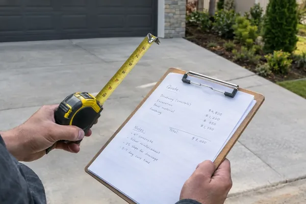 Hands holding a tape measure and a quote checklist over a concrete driveway