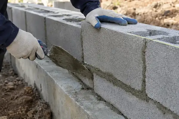 Gloved hands setting a concrete block on fresh mortar