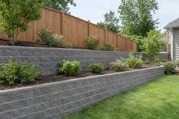 Two tiers of block retaining wall with plantings by a fence