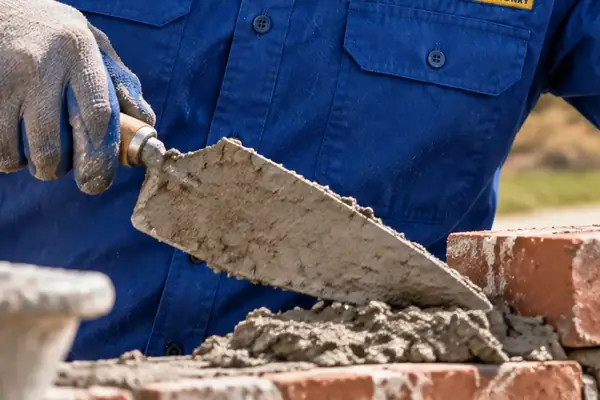 Trowel spreading mortar on a red brick course
