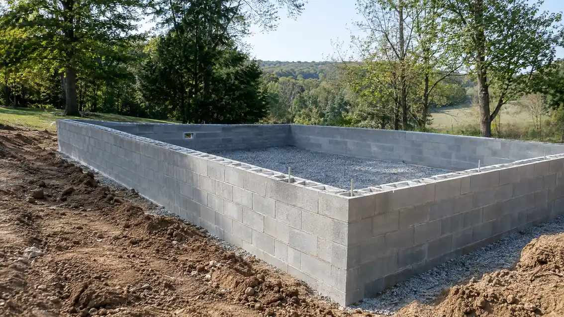 New concrete block foundation on a gravel base at a wooded lot
