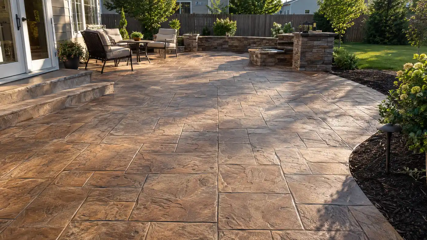 Curved stamped concrete patio with outdoor seating and a stone wall