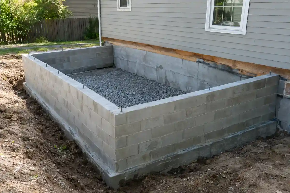 Block foundation for a home addition against an existing house