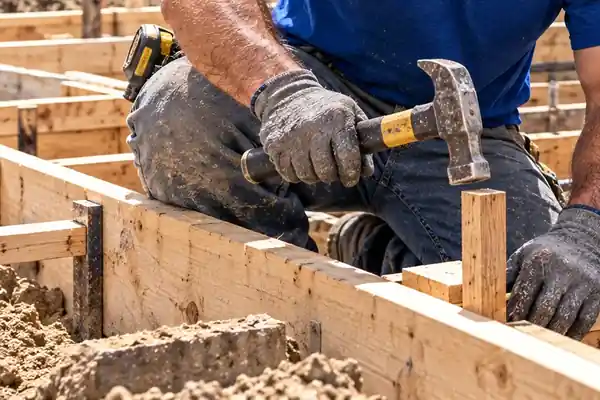 Gloved hands setting wooden foundation forms with a hammer