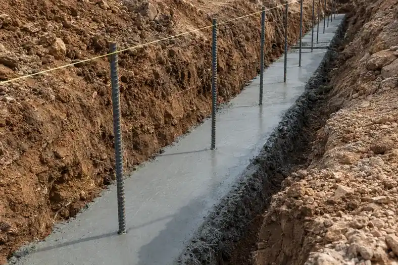 Fresh concrete footer with rebar in a trench