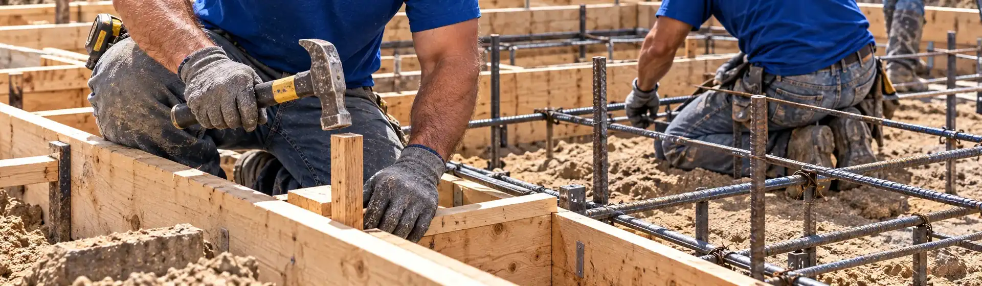 Gloved hands setting wooden foundation forms and rebar for a new footer