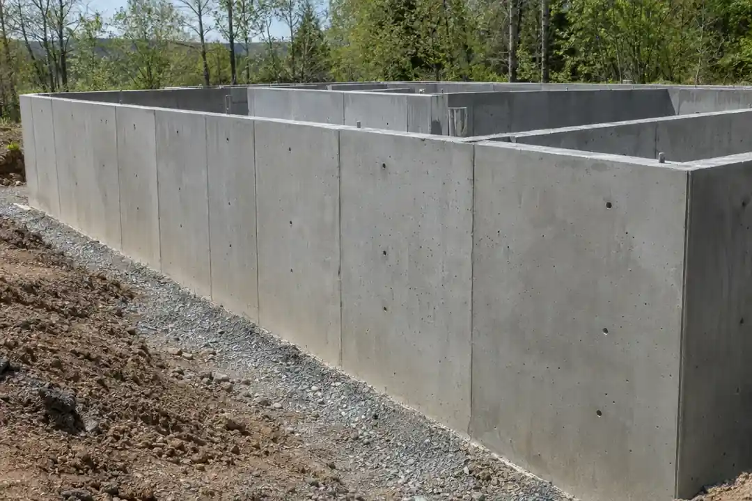 Poured concrete foundation wall with forms stripped