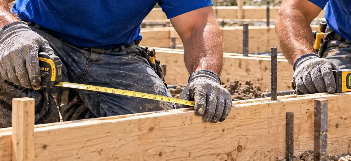 Gloved hands measuring wooden foundation forms with a tape