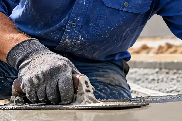 Steel trowel finishing a fresh concrete garage slab