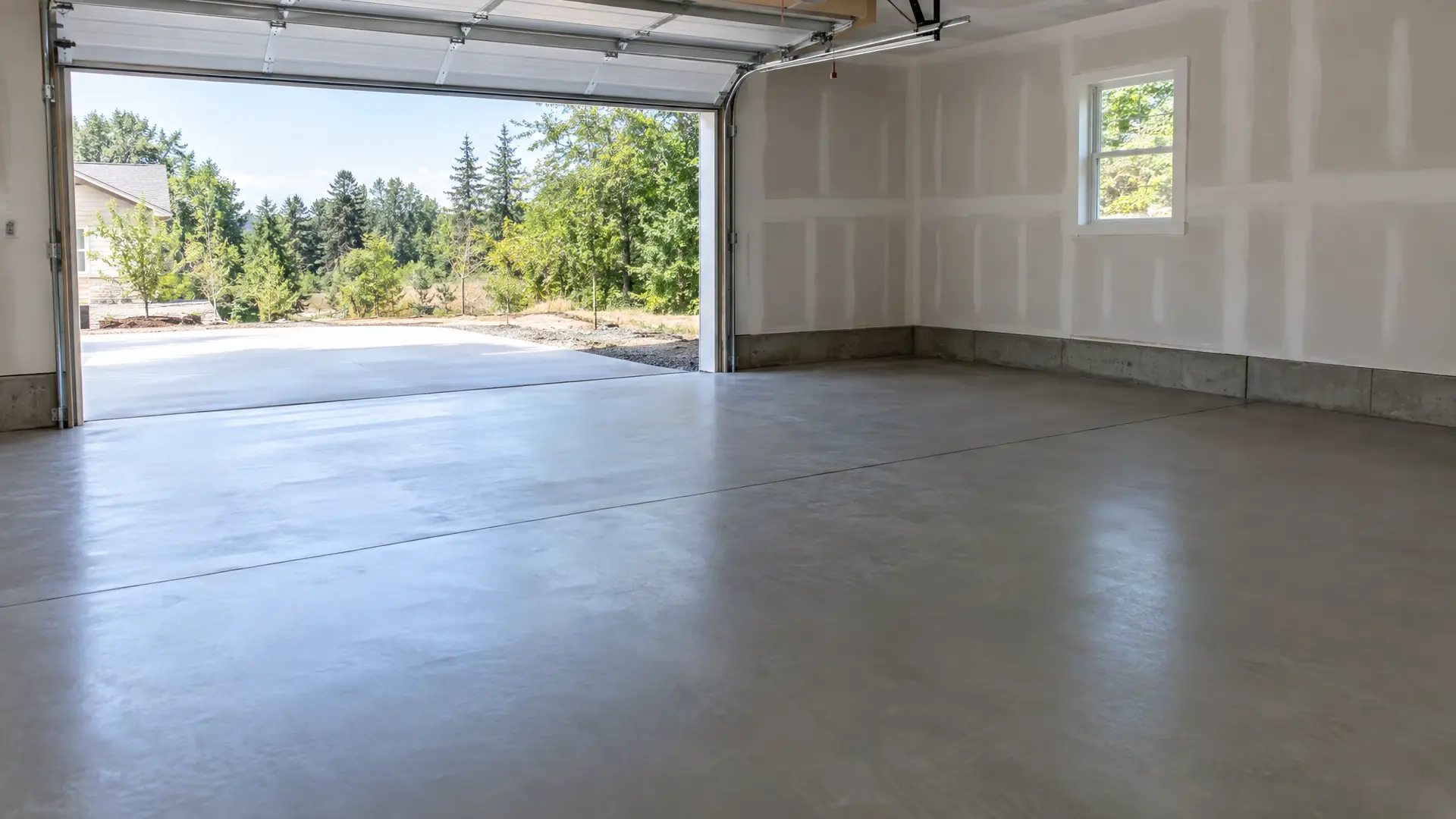 Finished concrete garage floor with the overhead door open to a sunny yard