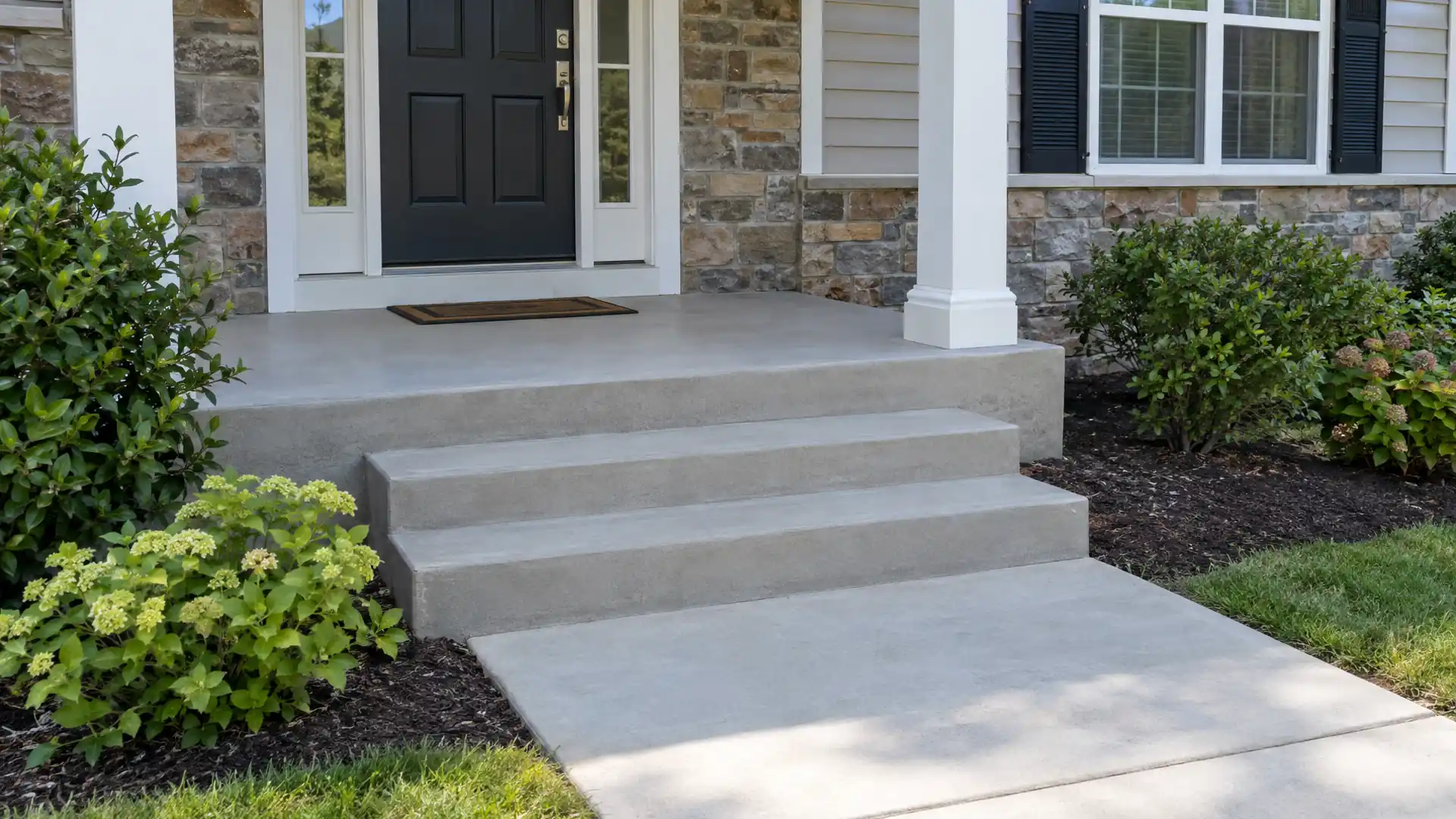 New concrete porch slab with two steps leading down to a front walk