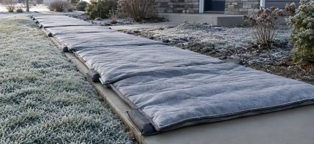 Curing blankets over a fresh sidewalk in cold weather