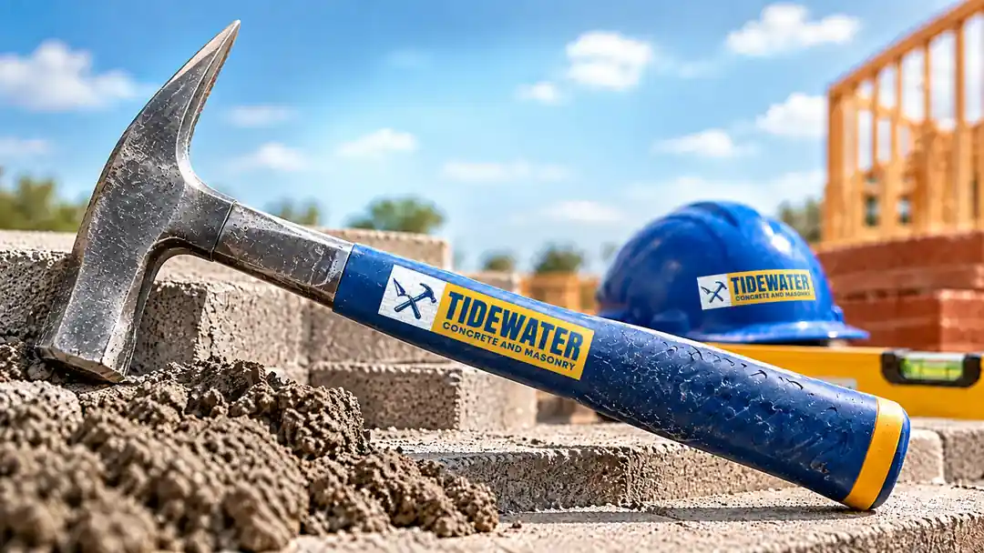 Tidewater hammer resting on block beside a hard hat