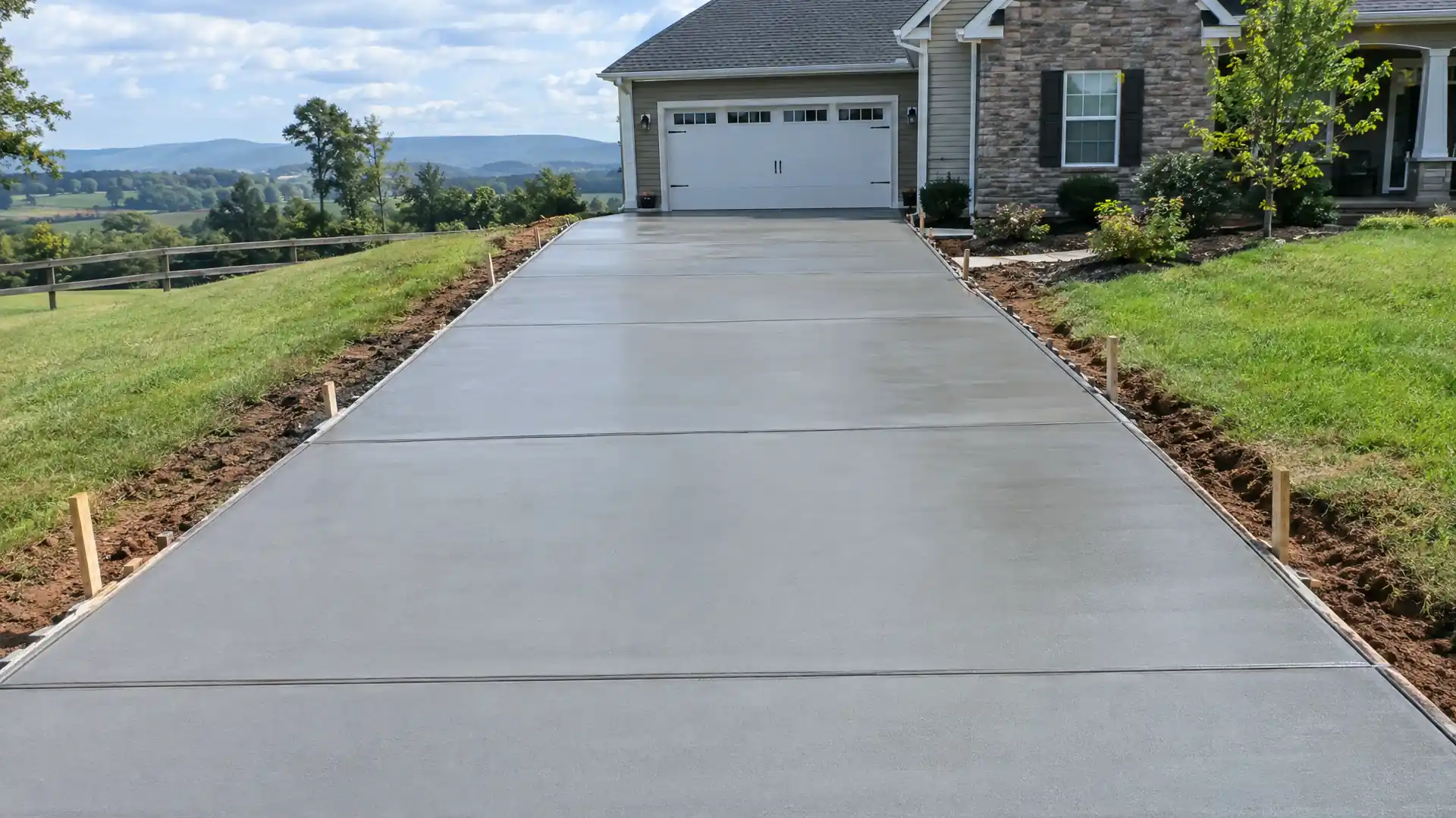 New concrete driveway with the form stakes still in place leading to a garage