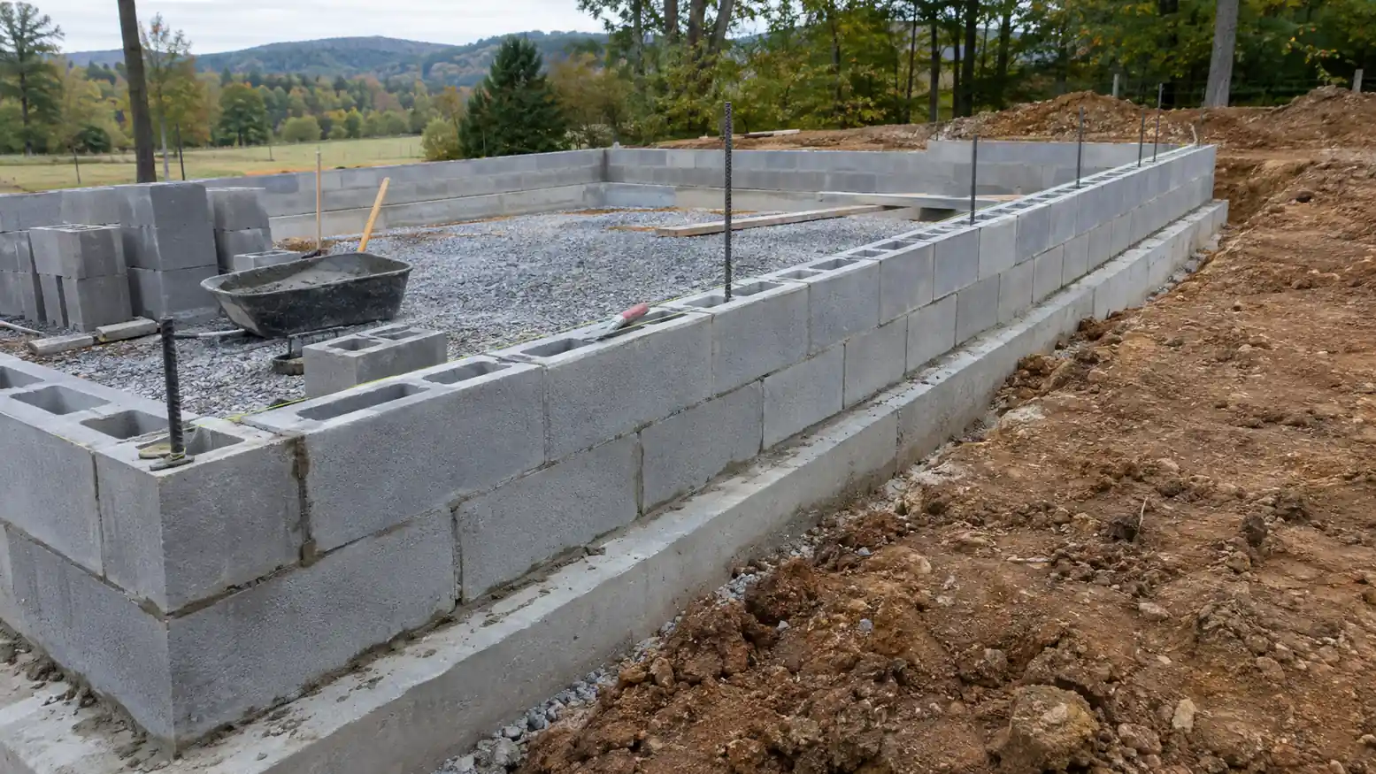 Concrete block foundation wall with rebar on a cleared lot