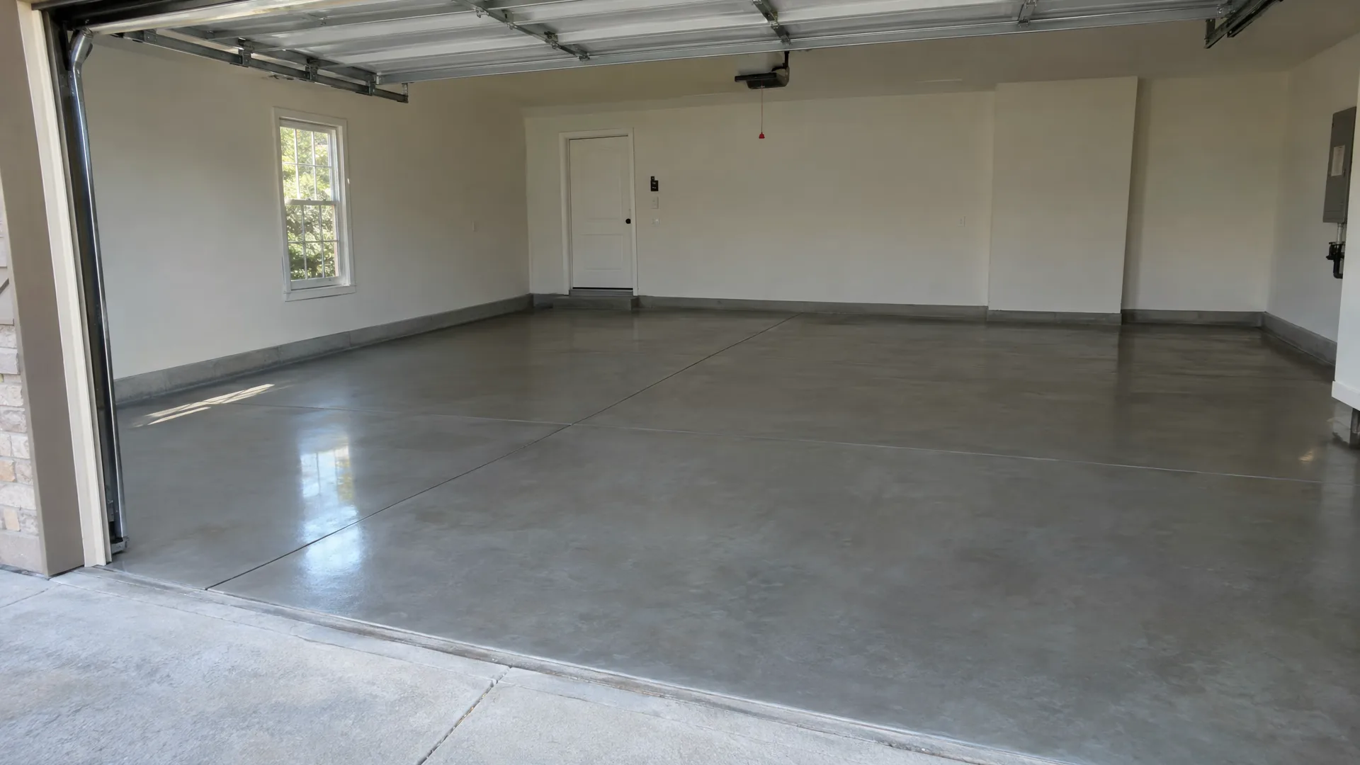 Finished concrete garage floor with the overhead door open