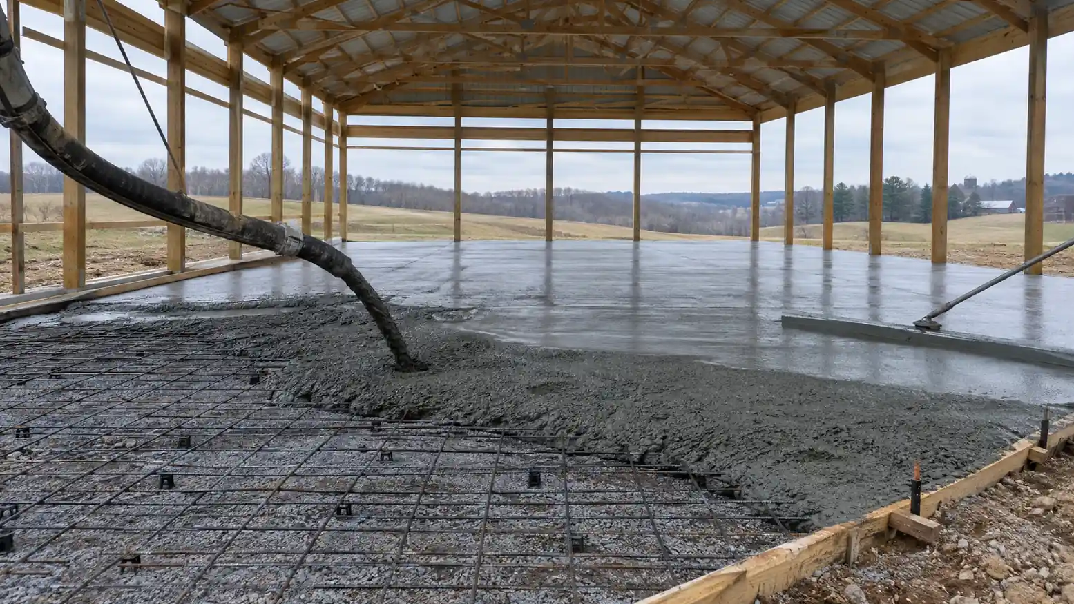 Concrete being placed over rebar inside an open pole barn