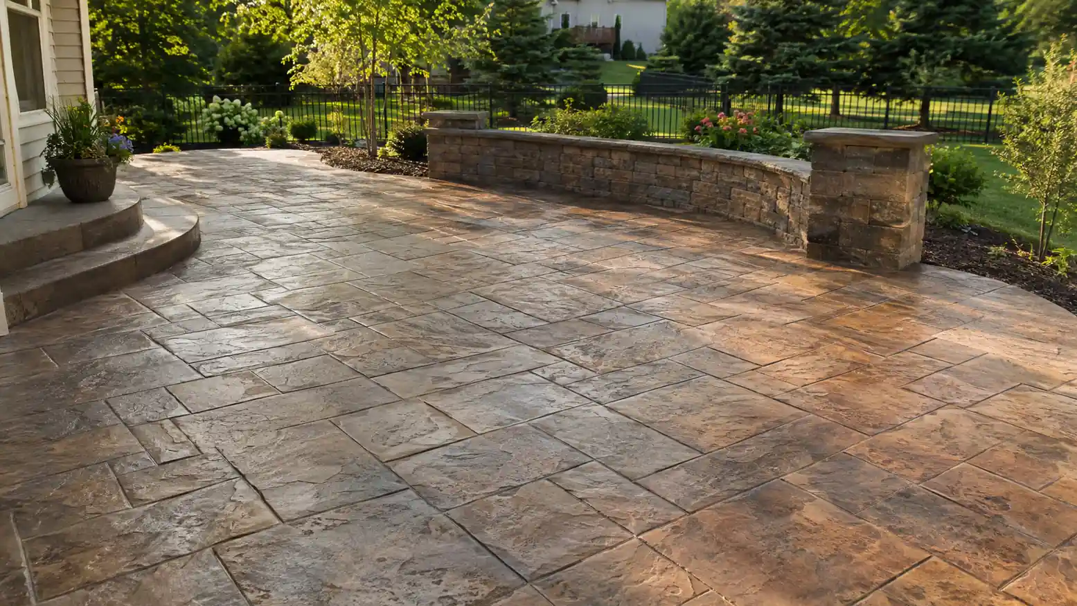 Stamped concrete patio with a low stone seat wall