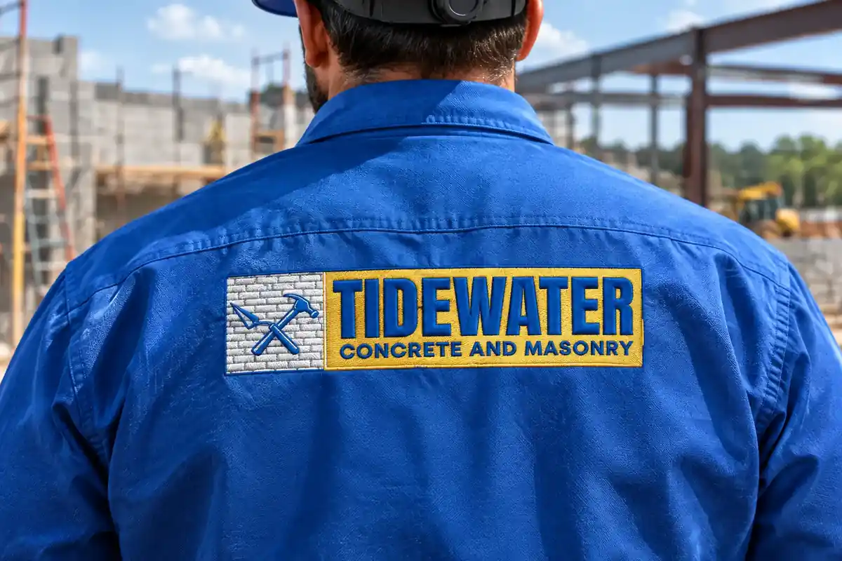 Back of a Tidewater work shirt with the embroidered logo on a job site