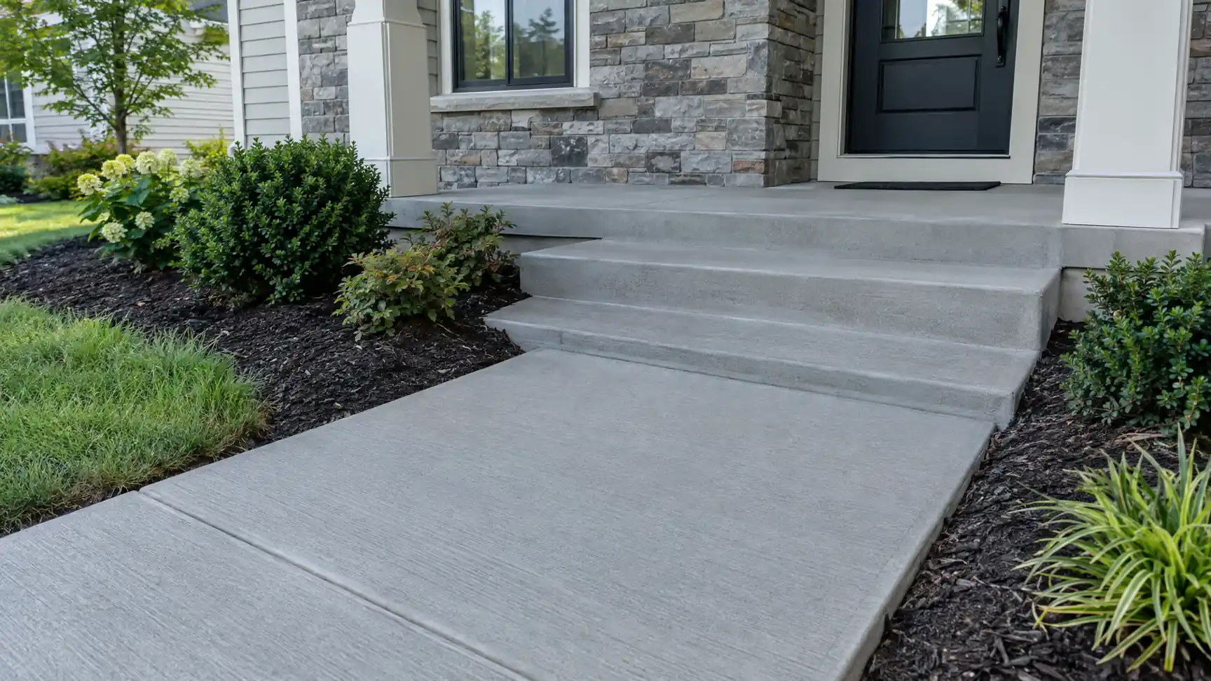 New concrete front walk and porch steps at a stone-front house