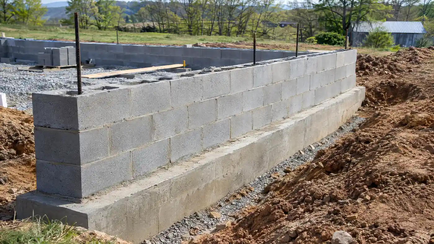Concrete block foundation wall on a poured footer at a cleared lot