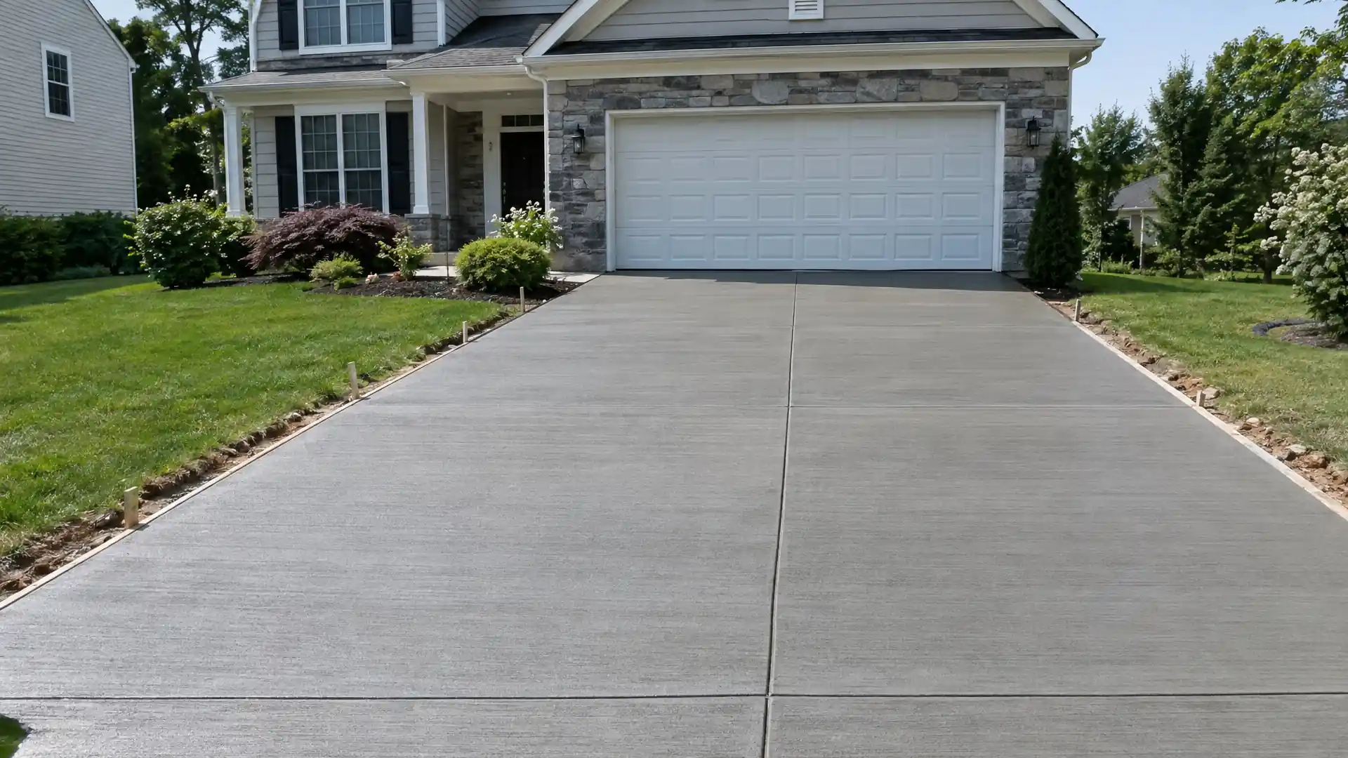 New concrete driveway edged by lawn leading to a two-car garage