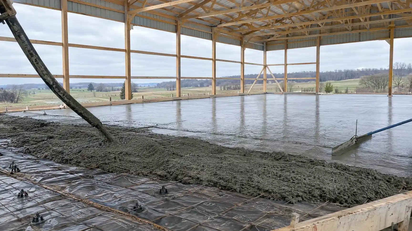 Concrete pour over reinforcement inside a pole barn with fields beyond