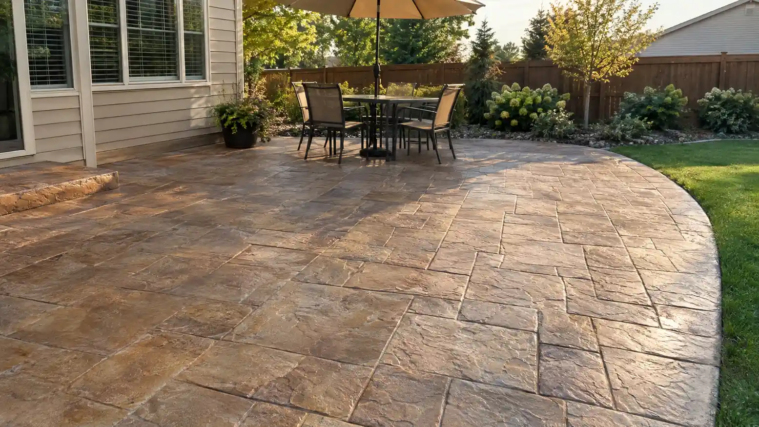 Stamped concrete patio with a table under an umbrella