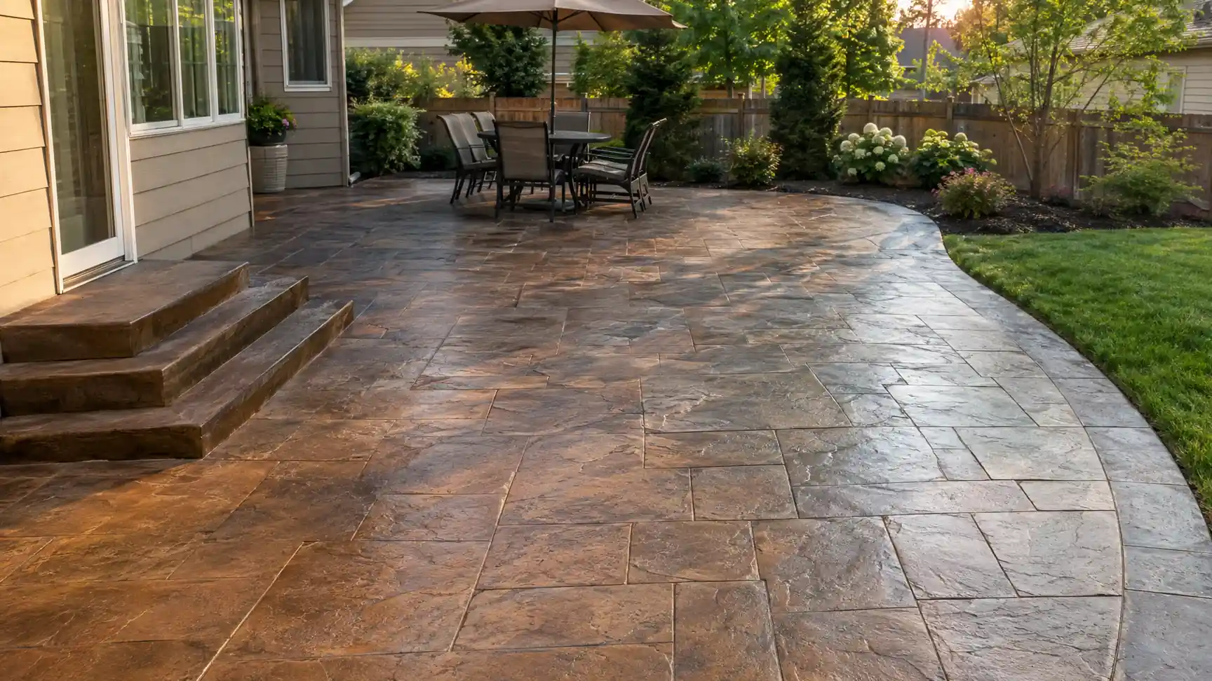 Stamped concrete patio with matching steps behind a house