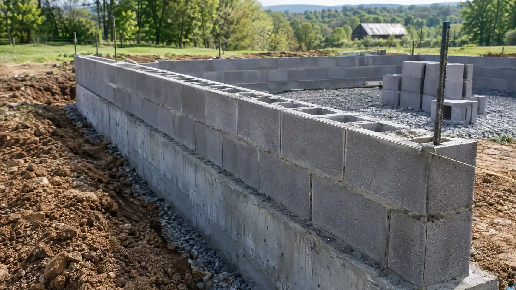 Concrete block foundation walls on a gravel base with block stacked nearby