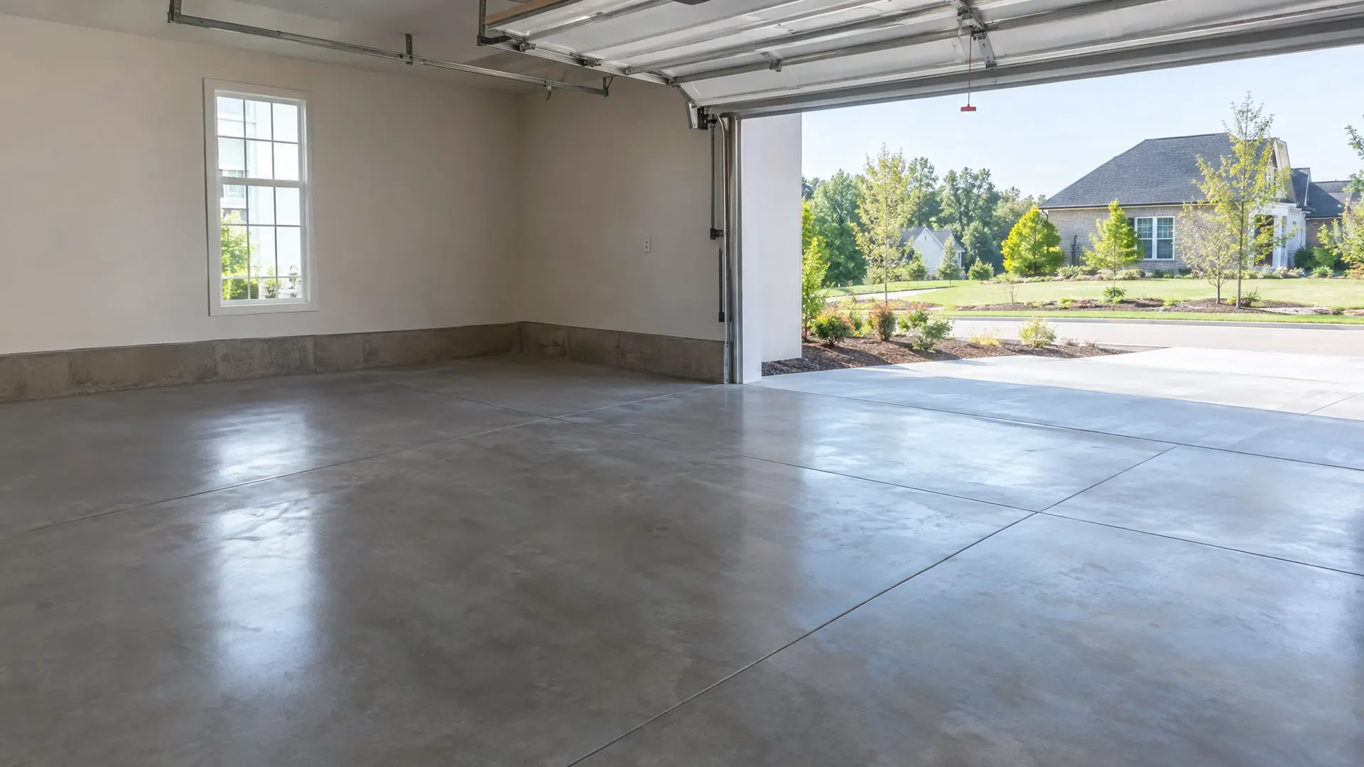 Polished concrete garage floor with the door open to the street