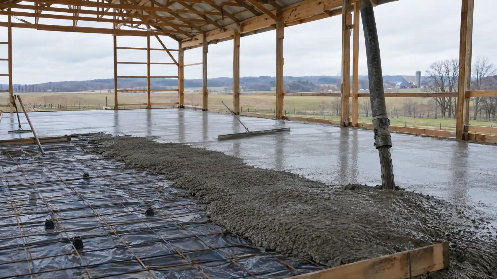 Concrete being placed over rebar mesh in an open pole barn